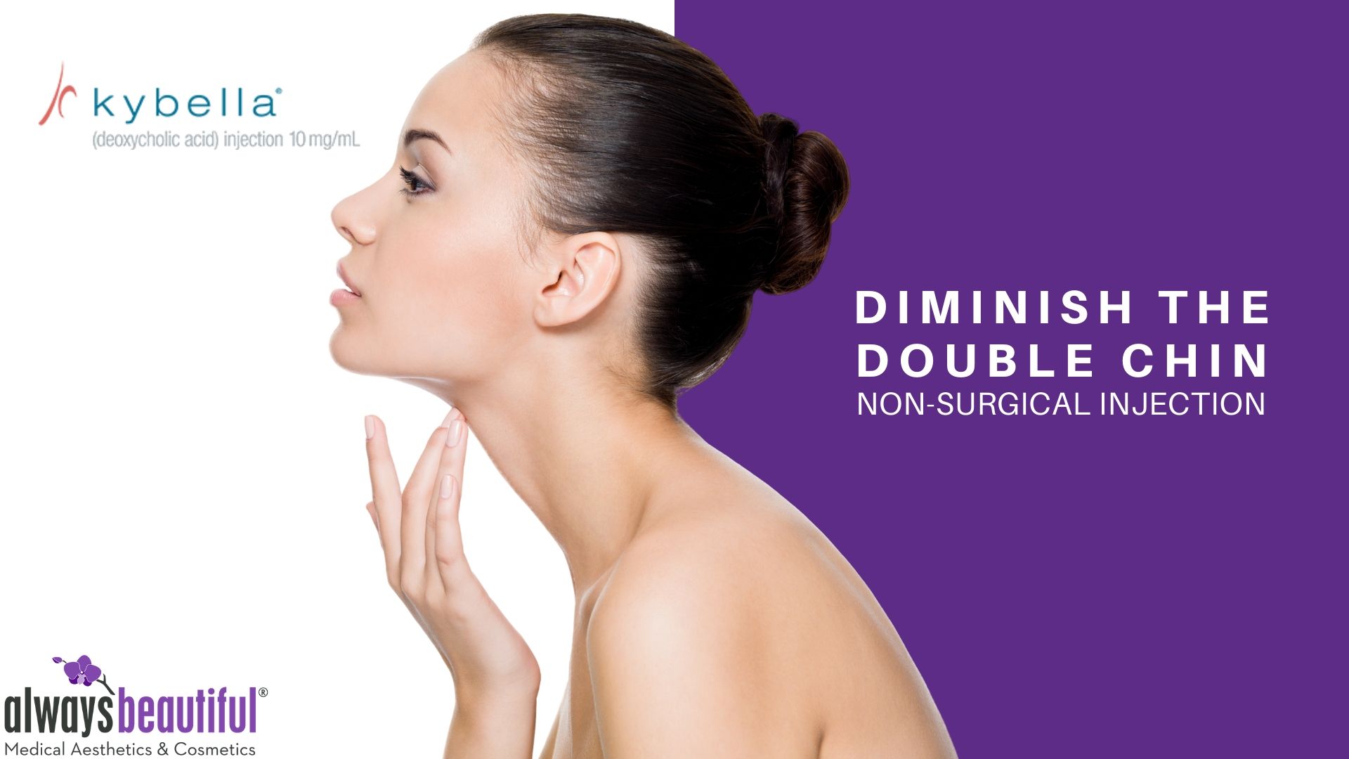 Kybella for double chin treatment at Aurora, CO at Always Beautiful. Woman touching her defined chin after Kybella.