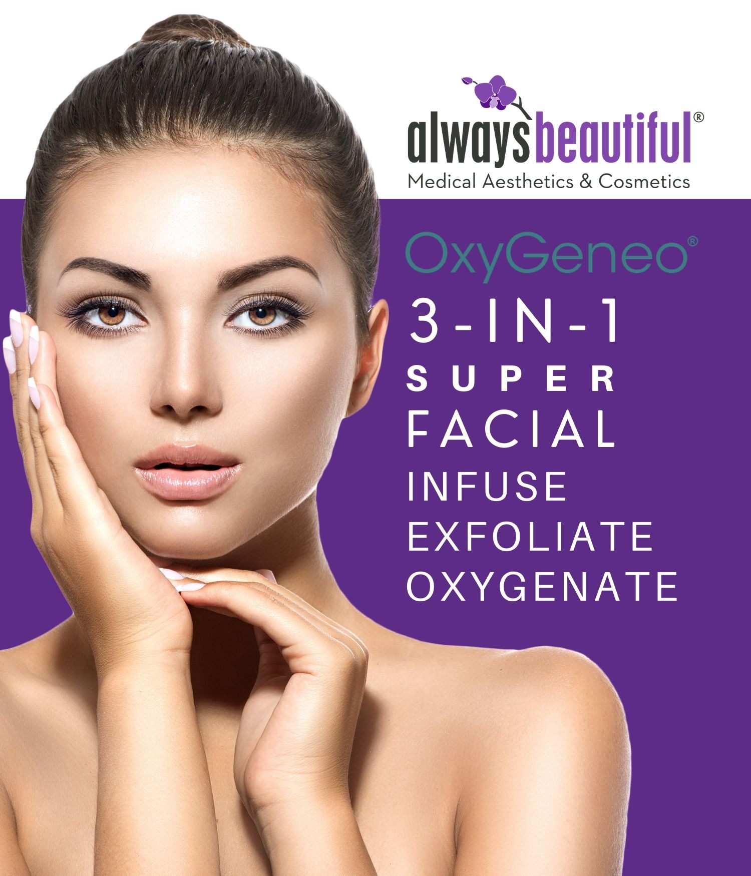 Woman touches her face and smiles after 3-in-1 super facial to infuse, exfoliate, and oxygenate the skin. Treatment done at Always Beautiful.