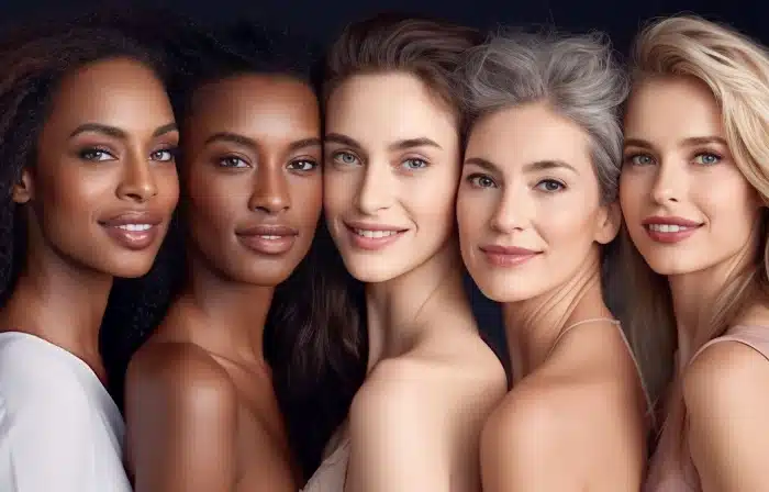 Five beautiful women sitting together smiling and showing their results from Always Beautiful. 